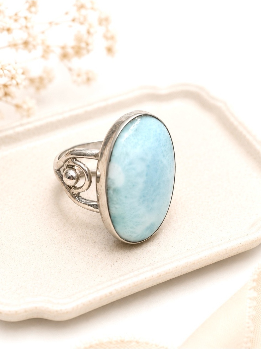 Vintage Designer 925 Sterling Silver Larimar Oval Turquoise Ring - Size 7